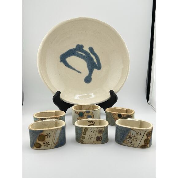 Vintage Hand Made Ceramic Slab Formed Bowl w/ 6 Naplin Rings 1998 Blue Cream - Picture 2 of 10